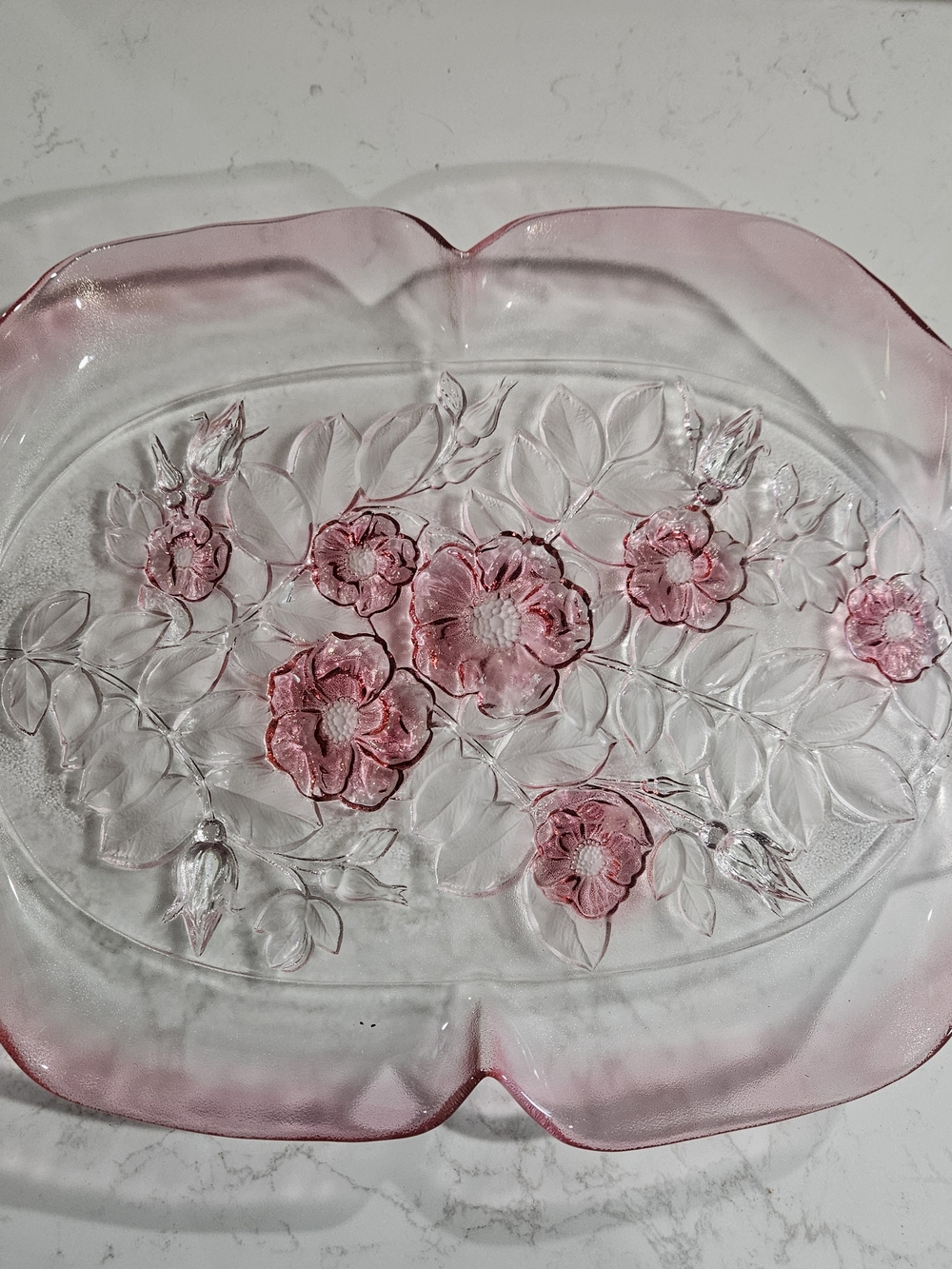 Vintage-Style Pink Floral Glass Serving Platter - Home Art 16" X 11.5"
